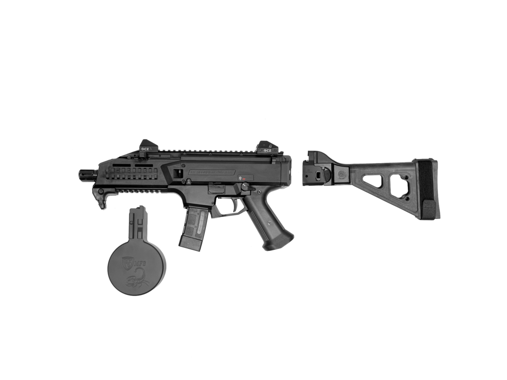 SALE: CZ SCORPION EVO 3 PISTOL W/F5 MFG DRUM & SB TACTICAL BRACE SYSTEM