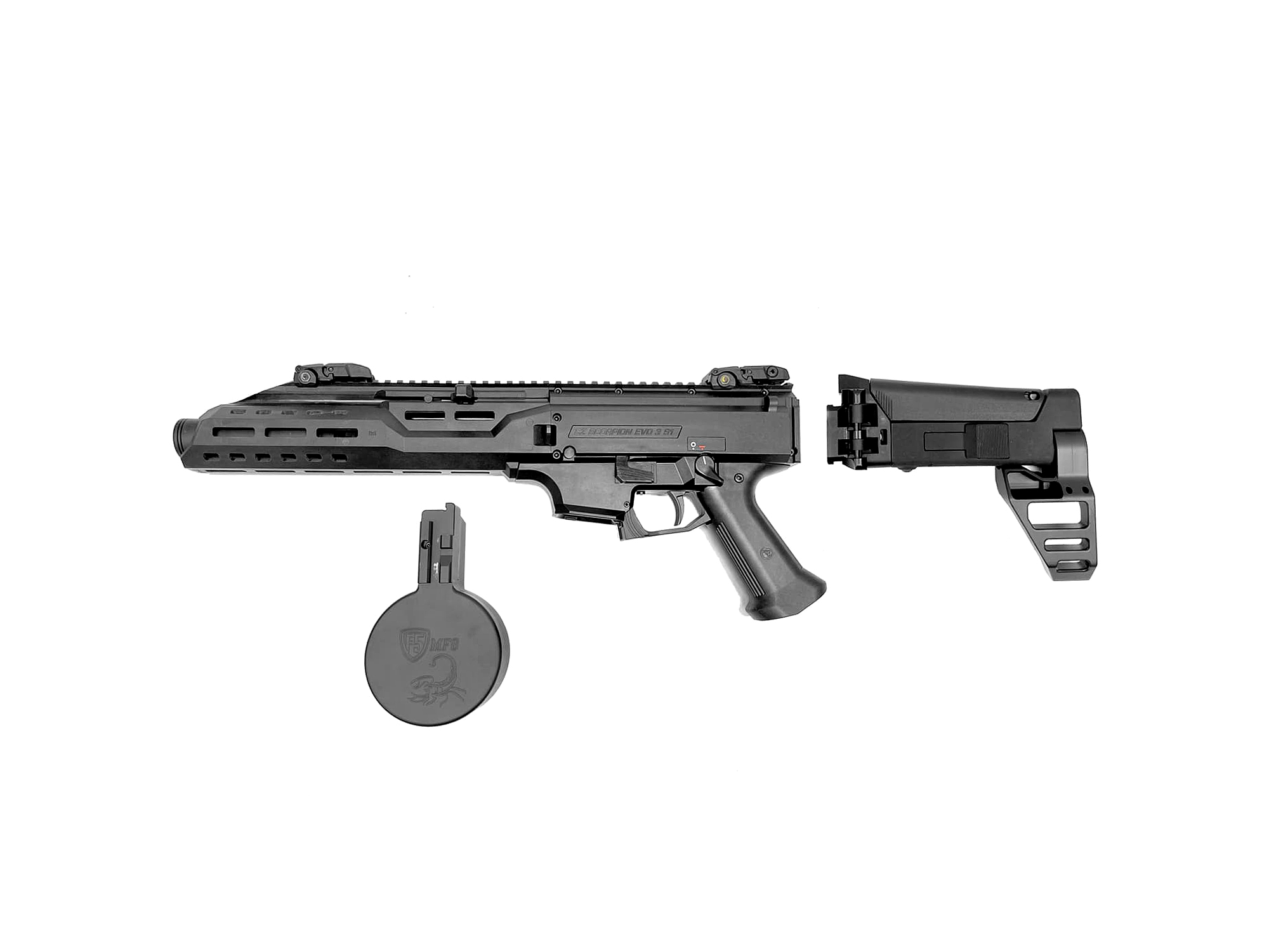 SALE: CZ SCORPION EVO 3 W/FLASH CAN, F5 MFG DRUM, & MBS CYBERARM COMBO